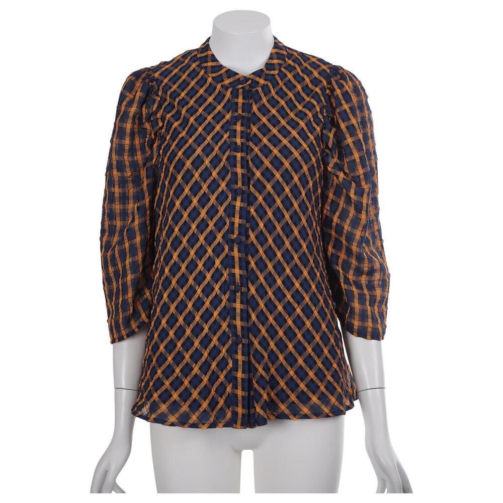Eva Franco Top 6 Blue Orange Check Seersucker Button Up 3/4 Sleeve Blouse